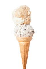 Cornet served with two scoops of ice cream; photo on white background