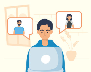 man using laptop to communicate and stay home