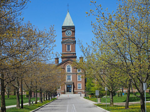 New England Style Brick School Or College Building With Clock Tower Behind Avenue Of Trees