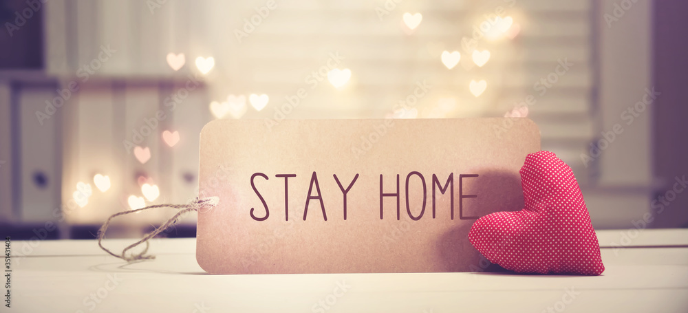 Wall mural stay home theme with a red heart with heart shaped lights - Wall murals