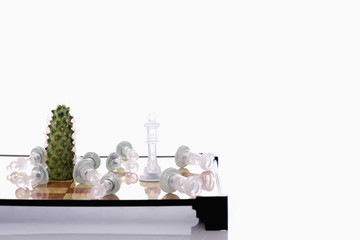Cactus and king chess piece standing while the rest of the chess pieces scattered on the board