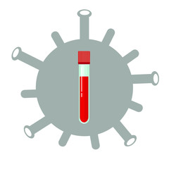 COVID-19 medical blood test tube. Laboratory glass capsule on virus background. Virus infection test. Corona virus flat vector illustration.