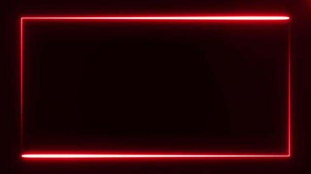 Two bright red color neon lighting lines moving on black background and constitute rectangle frame over the screen edge. Abstract backdrop 3D rendering 4k video.