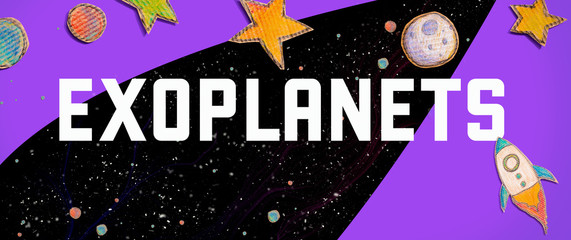Exoplanets theme with space background with a rocket, moon, stars and planets