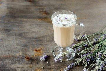 Lavender Coffee latte with homemade syrup. Violet or Lavender Raf  . Soft focus. lavender raf. Place for text. Copy Space