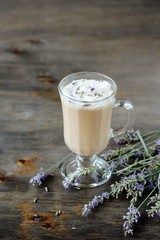 Lavender Coffee latte with homemade syrup. Violet or Lavender Raf  . Soft focus. lavender raf. Place for text. Copy Space