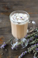 Lavender Coffee latte with homemade syrup. Violet or Lavender Raf  . Soft focus. lavender raf. Place for text. Copy Space