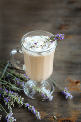 Lavender Coffee latte with homemade syrup. Violet or Lavender Raf  . Soft focus. lavender raf. Place for text. Copy Space