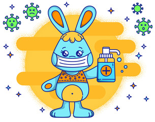 Cute kawaii bunny with mask and sanitizer. Grain texture. Goodbye to the virus, Rabbit Bunny disinfecting hands. Beautiful vector illustration for kids information poster.