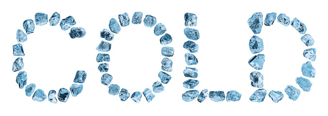 Word COLD made of blue crushed ice cubes on white background isolated closeup, letters of ice block, iceberg pieces, frozen crystals, shiny gem stones, cool fresh drinks concept, winter frost texture