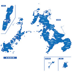 長崎県地図 シンプル青 市区町村