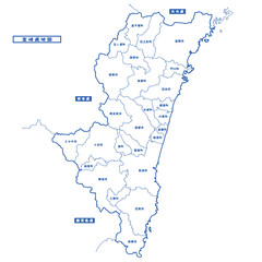 Obraz premium 宮崎県地図 シンプル白地図 市区町村