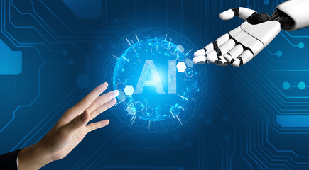 3D Rendering futuristic robot technology development, artificial intelligence AI, and machine...