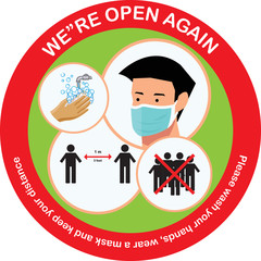 Open again after quarantine, vector illustration of small business owner welcoming customers, information re-opening of shop, service, cafe, restaurant, barbershop are working again, We are Open again