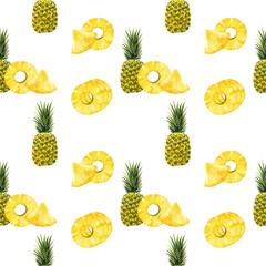 Seamless pattern of watercolor pineapple slices isolated on white background