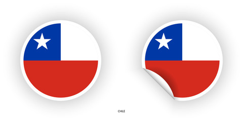 Obraz premium Chile circle flag with white border on white background and Chile sticker circle flag with peeled off corner on white background.