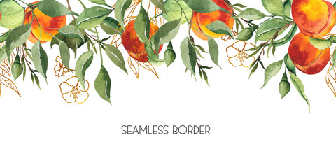 Watercolor hand painted seamless border of fruits and flowers with ripe juicy peaches, peach tree flowers, branches, twigs, leaves. Gold floral elements