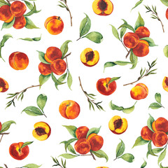 Watercolor hand painted seamless pattern of fruits and flowers with ripe juicy peaches, peach tree flowers, branches, twigs, leaves. Illustration