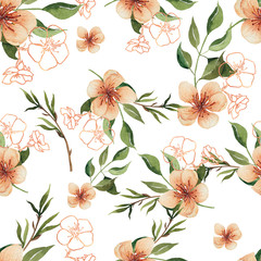 Watercolor hand painted seamless patterns of fruits and flowers with ripe juicy peaches, peach tree flowers, branches, twigs, leaves. Gold, black and pink floral elements