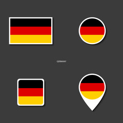 Germany flag icon set in rectangle, circle, square and marker icon on dark grey background. Germany sticker flag collection with white border on barely dark background.
