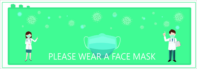 Please  wear a mask and  social distancing.Illustration vector graphic of image doctor wearing surgical mask and attention sign. Please wear face mask.