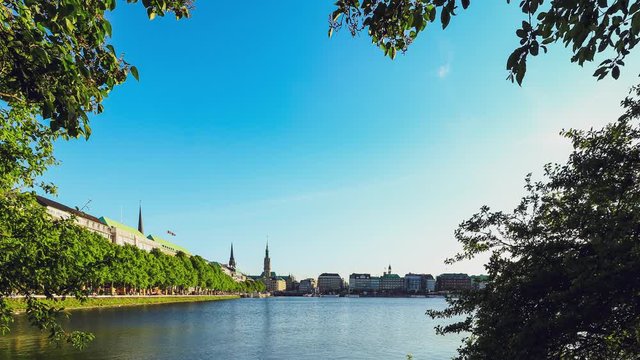 4k Timelapse Rathaus Hamburg Jungfernstieg from Alster with beauty bluesky