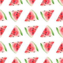 Seamless pattern. Watermelon slices. Hand drawn watercolor Illustrations isolated on white background.	
