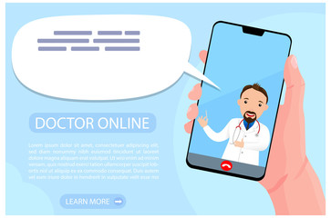 Online doctor consultation via your smartphone. Human hand is holding phone with video call to doctor. Man therapist gives an advice online. Concept for medical app and web. Flat vector illustration