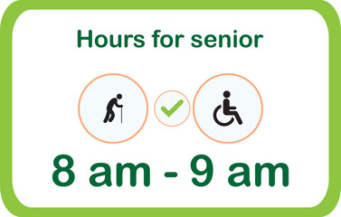 8 am - 9 am special hours only for 60+ years old people and disabled people only limit and limit purchases on the covid-19 sign or Coronavirus, the grocery store sign. vector illustration
