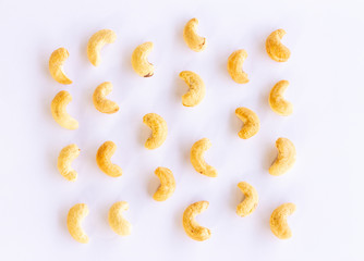 Roasted Cashew nuts isolated on white background with clipping path and full depth of field. Set or collection.