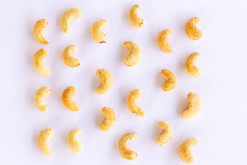Roasted Cashew nuts isolated on white background with clipping path and full depth of field. Set or collection.