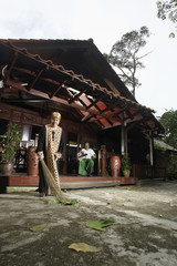 Senior woman sweeping house compound, senior man reading newspaper