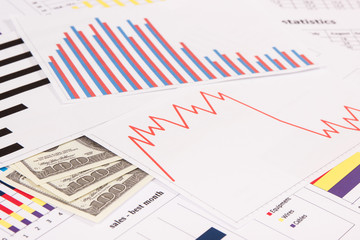 Obraz premium Currencies dollar with downward graphs representing financial crisis caused by coronavirus. Covid-19