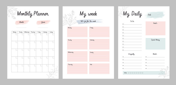 3 Set of minimalist planners. Daily, weekly, monthly planner template. 
Cute and simple printable to do list. Business organizer page. Paper sheet. Realistic vector illustration.