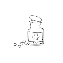 Vector hand drawn pill bottle illustration. Doodle first medicine aid icon isolated on white background