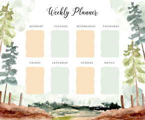 weekly planner with landscape scene watercolor background