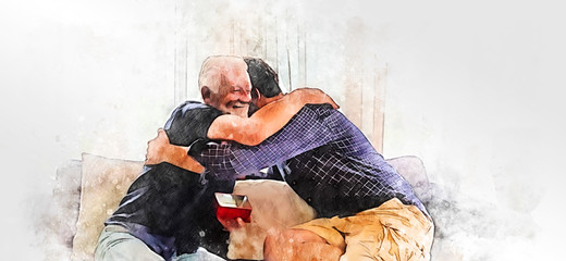 Fototapeta na wymiar abstract happiness father and young son discuss, talking lifestyle at home on watercolor illustration painting background.
