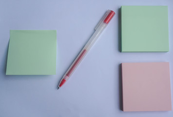 flat lay of mock up green and pink sticky note with pen for message