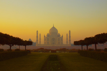 sunset on the Taj mahal mausoleum in the city of agra in the uttar pradesh province in India	