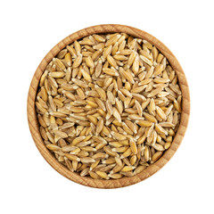 Wooden bowl with seeds wheat isolated on a white background. Top view, flat lay.