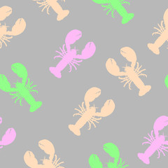 Lobster flat seamless pattern. Pattern with crayfish. Color lobster on grey background