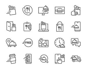 set of food delivery icons, restaurant, ecommerce, online shopping