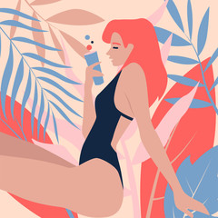 Stylish modern portrait of beautiful girl on the background of tropical leaves. Pose. Flat illustrtation. Template for card, poster, banner, print for t-shirt.