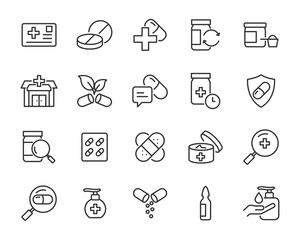 set of medicine icons, pharmacy, medical, tablet, drug store