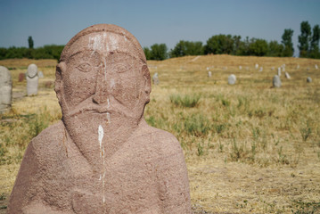 A balbal is a grave marker that was used by the Turks when they roamed through Central Asia at Burana Tower, Tokmok, Kyrgyzstan