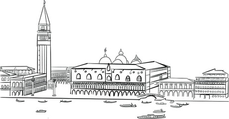 Fototapeta premium Black and white silhouette of the Piazza San Marco in Venice. Handmade drawing of the main monuments of the square