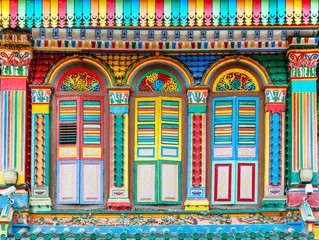 Colorful house in Little India, Singapore. This last historic colonial style Chinese villa in...