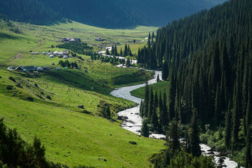 Beautiful stream and alpine landscape at Altyn Arashan during summer, Kyrgyzstan