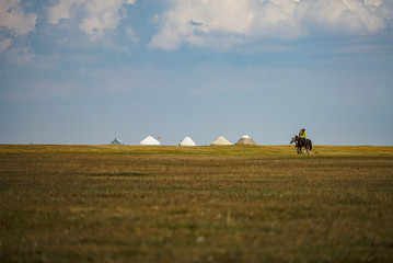 Traditional yurts for tourist with a beautiful landscape at Song Kul Lake where is famous place for tourism in Kyrgyzstan 