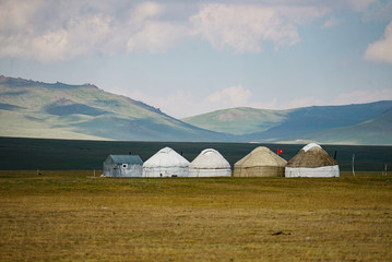 Kyrgyz traditional yurts at Song Kul Lake, Kyrgyzstan - 351462857